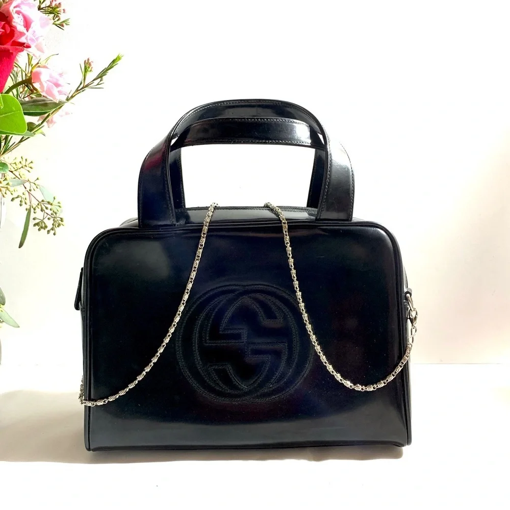 GUCCI GG Logo Patent Leather Handbag Black Medium - Picture 4 of 12